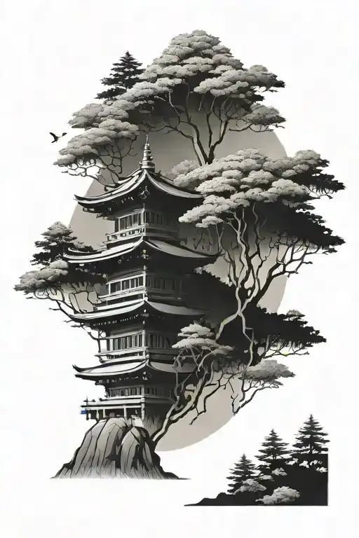 Japanese temple in the mountains with the forest background tattoo design idea