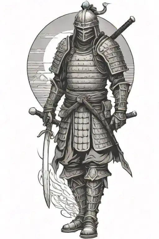 a lonely undead samurai in armor standing front to the setting sun tattoo design idea