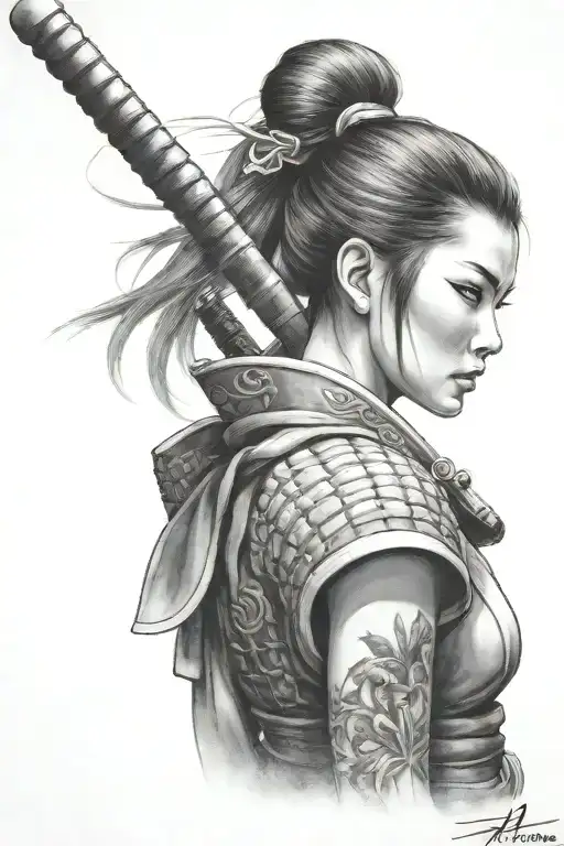 samurai girl standing with kamas tattoo design idea