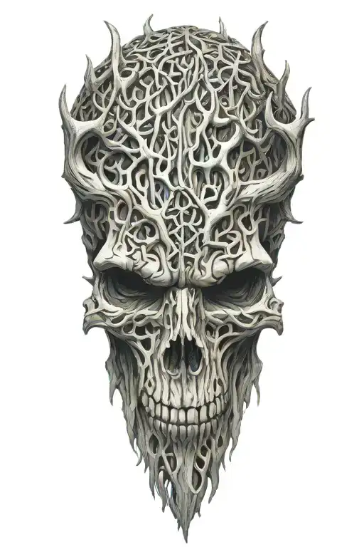  leshen beast, skull head, full body made from wood, hands with claws tattoo design idea