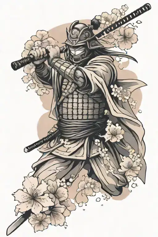 Samurai in mask surrounded in sakura flowers hiding his katana tattoo design idea