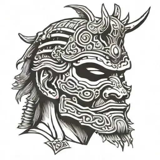 closeup samurai in mask holding head of enemy  tattoo design idea