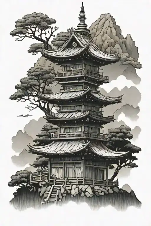 Japanese temple in the mountains with the forest background tattoo design idea