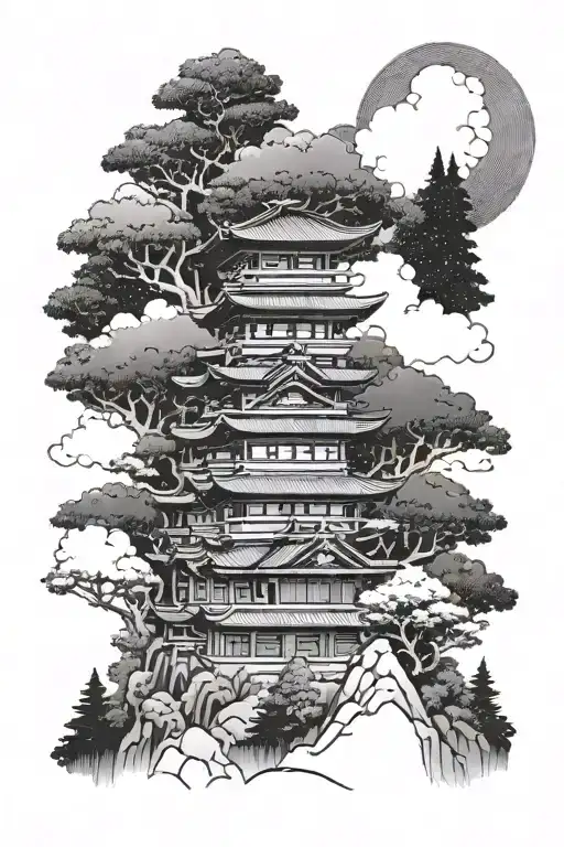 Japanese 3 story building in the mountains with the forest background tattoo design idea