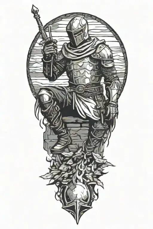 dark souls ashen one sitting alone near bonfire watching sun bleed tattoo design idea