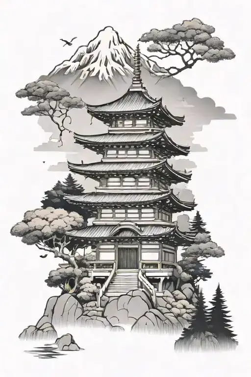 Japanese temple in the mountains with the forest background tattoo design idea