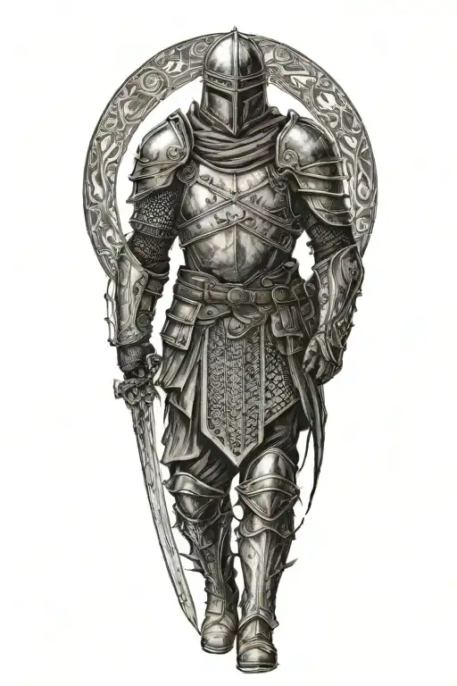 a lonely assasin in armor standing front to the setting sun tattoo design idea