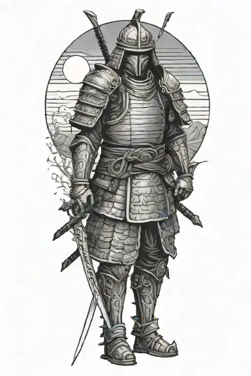 a lonely undead samurai in armor standing sideways to the setting sun tattoo design idea