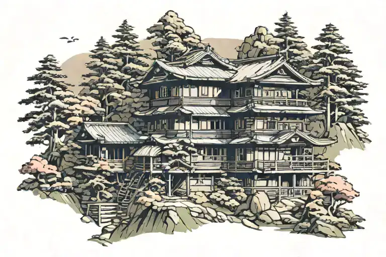 Japanese 3 story building in the mountains with the forest background tattoo design idea
