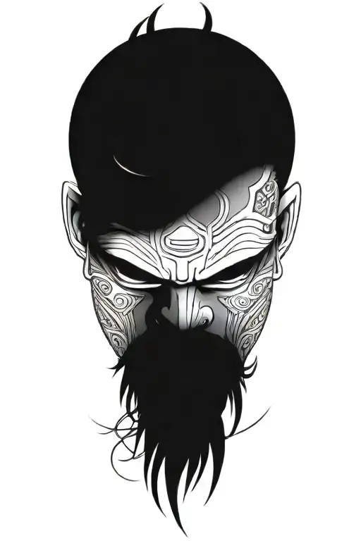 closeup on samurai in oni mask surrounded in wind around samurai fading dark  tattoo design idea