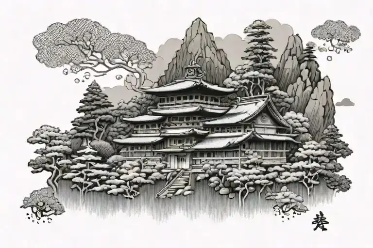Japanese 3 story building on the mountain and forest background tattoo design idea