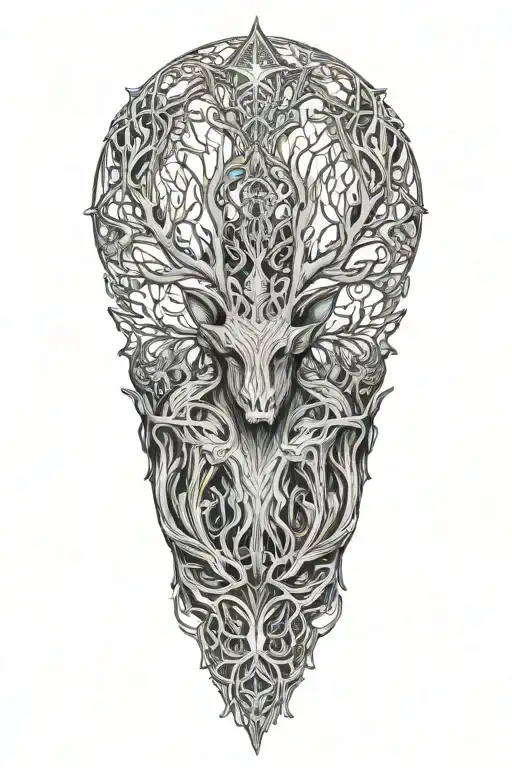 slavic mythology leshen full torso surrounded by trees tattoo design idea