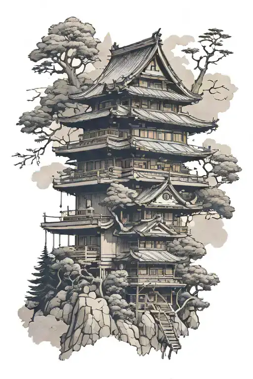 Japanese 3 story building in the mountains with the forest background tattoo design idea