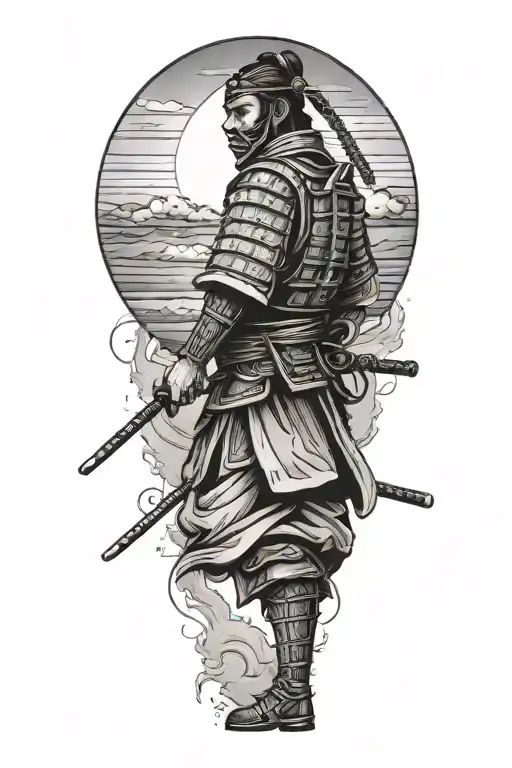 a lonely samurai standing sideways to the setting sun tattoo design idea