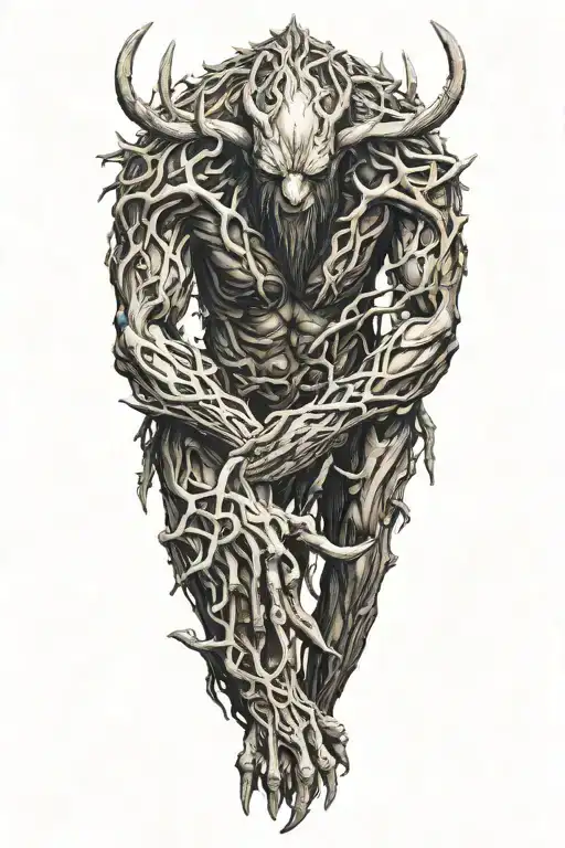  leshen beast, full body made from wood, hands with claws tattoo design idea