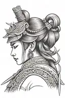 samurai standing  side profile traditional lady head tattoo design idea
