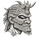 closeup samurai in mask holding head of enemy  tattoo design idea
