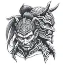 closeup samurai in mask holding head of enemy  tattoo design idea