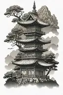 Japanese temple in the mountains with the forest background tattoo design idea