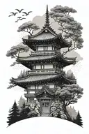 Japanese temple in the mountains with the forest background tattoo design idea