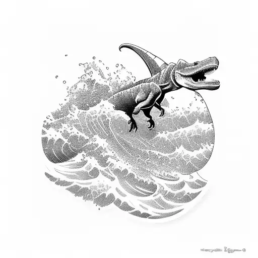 dinosaur surfing a wave drinking a beer tattoo design idea