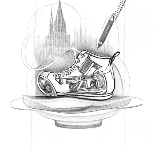 A sketch of a shoe filled with travel-related symbols and landmarks tattoo design idea