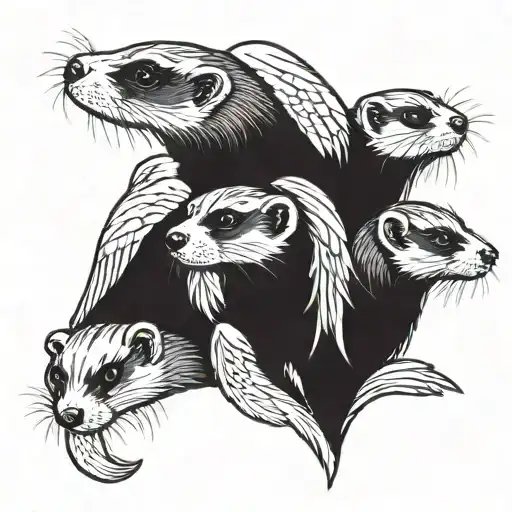 3 ferret. ferrets on the sides have an angel wing to side of them and a halo for the one in the middle tattoo design idea