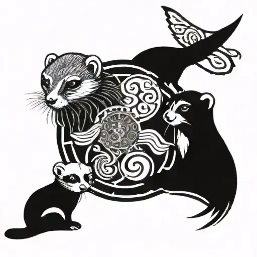  only 3 ferrets. ferrets on the sides have an angel wing to side of them and a halo for the one in the middle tattoo design idea