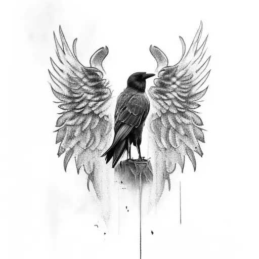 King`s crow with angel wings. Under text "born to be first" tattoo design idea