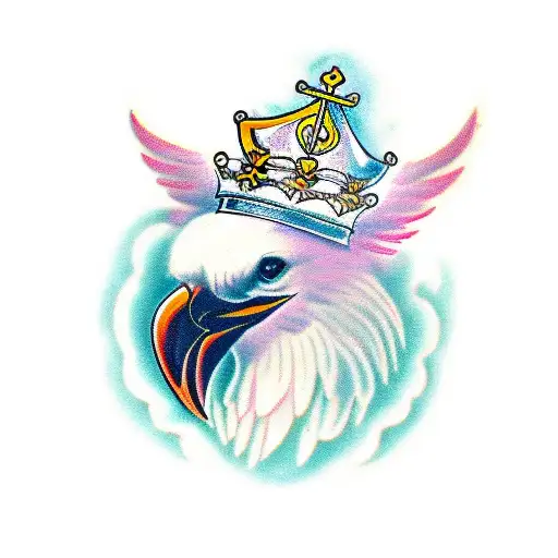 King`s crow with angel wings. Under text "born to be first" tattoo design idea