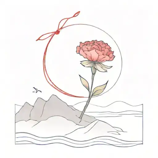 carnation flower on an island in the middle of the ocean with a red string of fate tattoo design idea