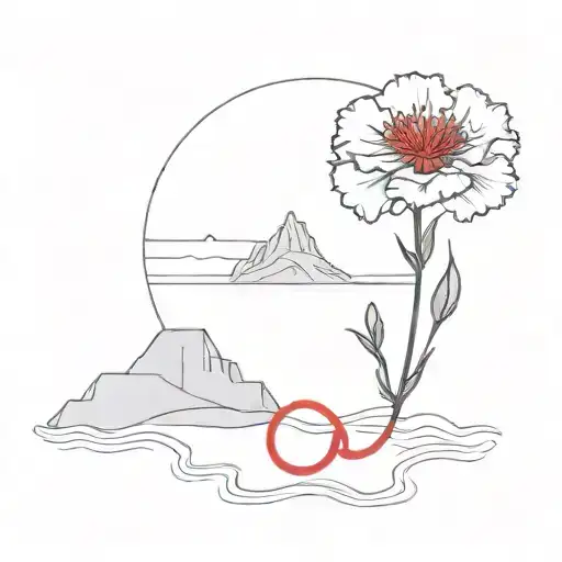carnation flower on an island in the middle of the ocean with a red string of fate tattoo design idea