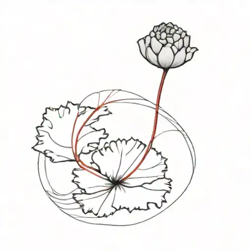 carnation on a small island in the middle of the ocean with a red string of fate tattoo design idea