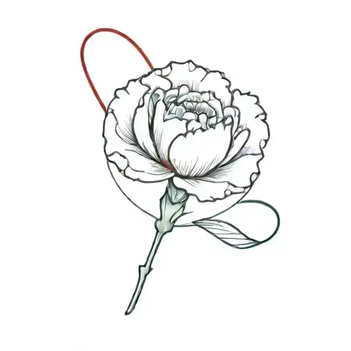 carnation flower on a small island in the middle of the ocean with a red string of fate tattoo design idea
