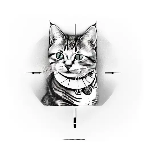 Cat  and clock, trashpolka, red and black, rebel tattoo design idea