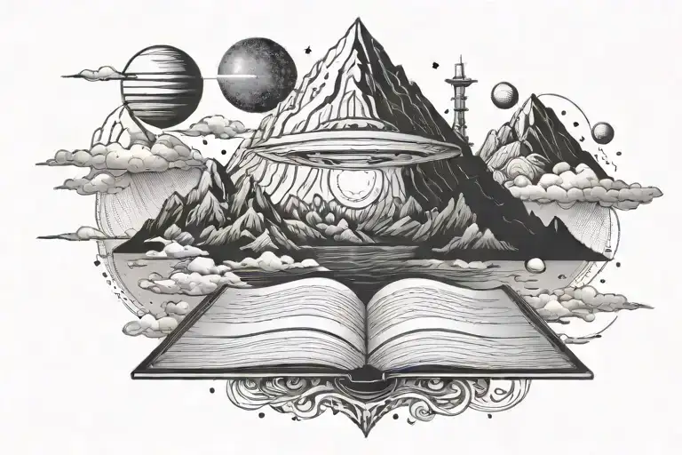 Saturn Libra Book Heart Airplane Mountains Inscriptions tattoo design idea