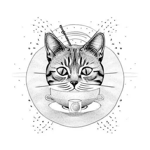 A cat playing a guitar with coffee beans as the sound waves tattoo design idea