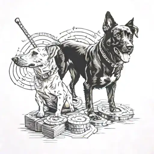 A realistic portrait of a victorious daytrader celebrating a successful trade, with a black dog by their side tattoo design idea