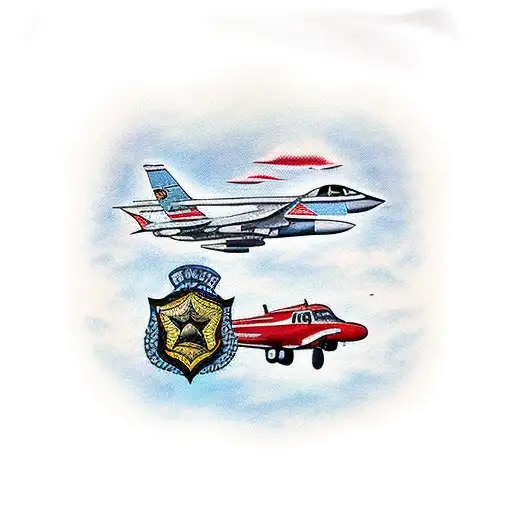 A realistic tattoo of an outdoor scene with a police officer and an air force plane in the background tattoo design idea