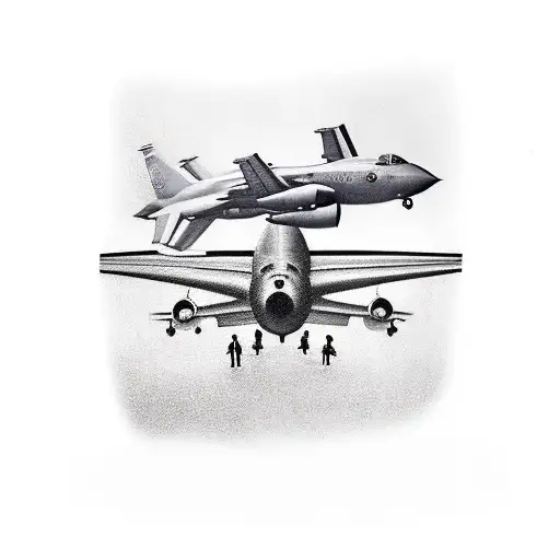 A realistic tattoo of an outdoor scene with a police officer and an air force plane in the background tattoo design idea