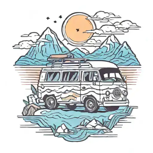 sweet Dog, Campervan, mountains, landscape, sun, Roadtrip, Joint, Weed, sea, happy, clean tattoo design idea