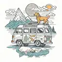 sweet Dog, Campervan, mountains, landscape, sun, Roadtrip, Joint, Weed, sea, happy, clean tattoo design idea