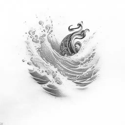 A dotwork tattoo depicting a serene seascape with a tango dancer gracefully swirling amidst crashing waves tattoo design idea
