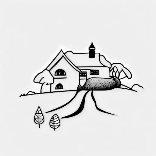 A minimalist tattoo of a beautiful Irish landscape with rolling hills and a charming cottage tattoo design idea