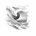 A dotwork tattoo depicting a serene seascape with a tango dancer gracefully swirling amidst crashing waves tattoo design idea