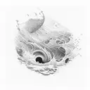 A dotwork tattoo depicting a serene seascape with a tango dancer gracefully swirling amidst crashing waves tattoo design idea