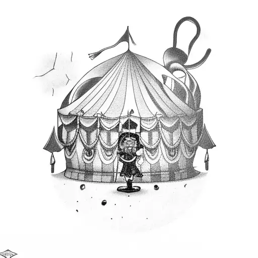 Circus tent with a killer clown lurking inside tattoo design idea