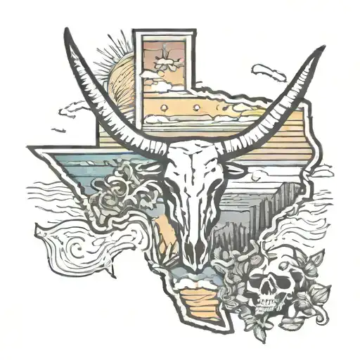texas outline with horizon and sunset with longhorn skulls tattoo design idea