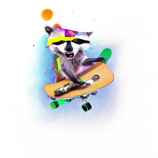 colorful raccoon riding a skateboard while smoking a joint tattoo design idea