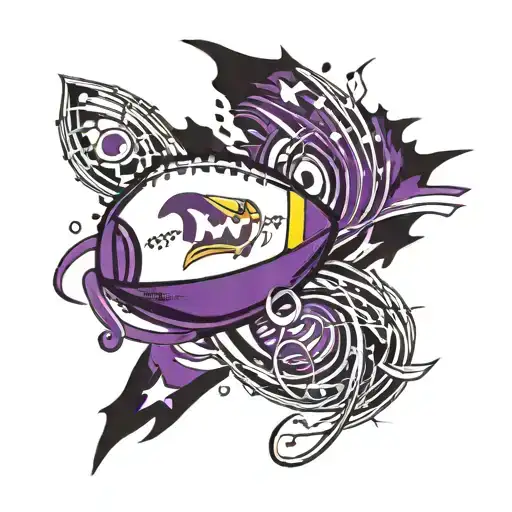 A new-school design of a football with music notes and Minnesota Vikings colors swirling around it tattoo design idea